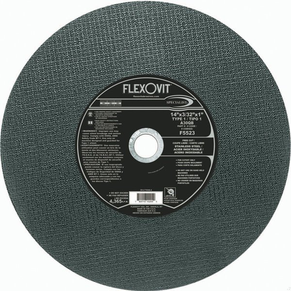 Flexovit Specialist Specialist Free Cut Cut-Off Wheel, 14 in Dia x 3/32 in THK, 1 in Center Hole, 30 Grit, Al F5523